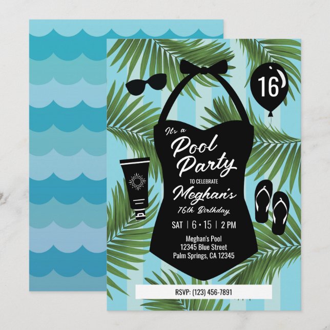 Retro Swimsuit Sweet 16 Pool Party Invite (Blue) (Front/Back)