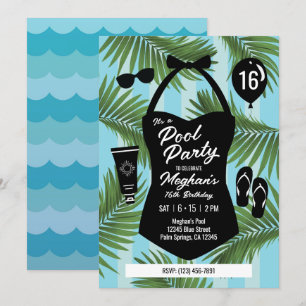 Retro Swimsuit Sweet 16 Pool Party Invite (Blue)