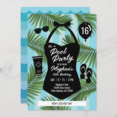 Retro Swimsuit Sweet 16 Pool Party Invite (Blue)
