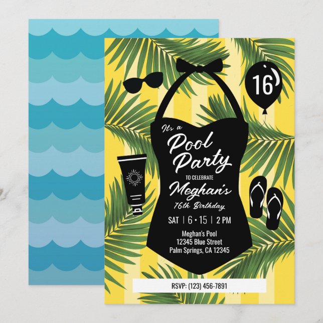 Retro Swimsuit Sweet 16 Pool Party Invite (Yellow) (Front/Back)