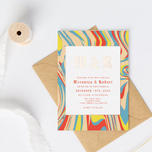 Retro Swirl Abstract Pattern Rose Gold Monogram Foil Invitation