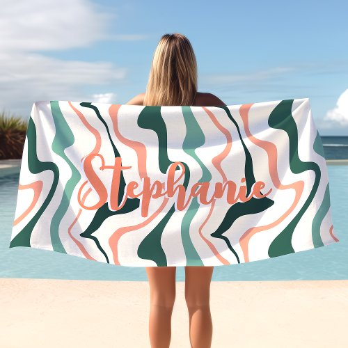 Retro Swirl Abstract Wave Peach Mint Custom Name Beach Towel