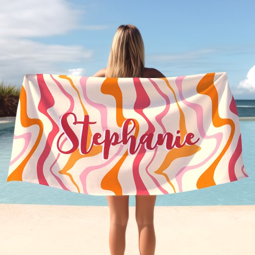 Retro Swirl Abstract Wave Pink Orange Custom Name Beach Towel