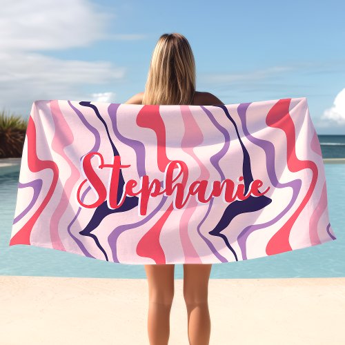 Retro Swirl Abstract Wave Pink Purple Custom Name Beach Towel