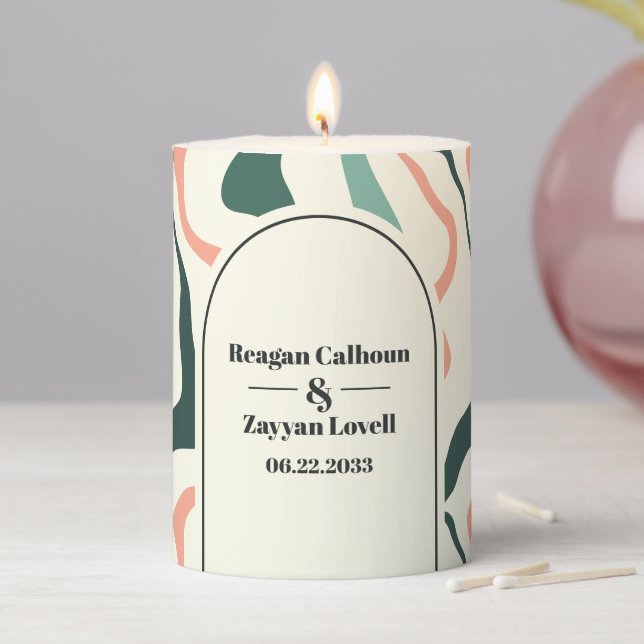 Retro Swirl Arch Mint Green And Pink Wedding Pillar Candle (In Situ)