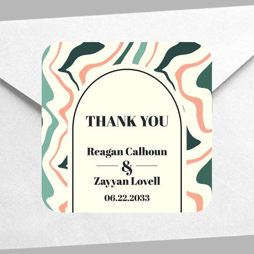 Retro Swirl Arch Mint Green Pink Wedding Thank You Square Sticker