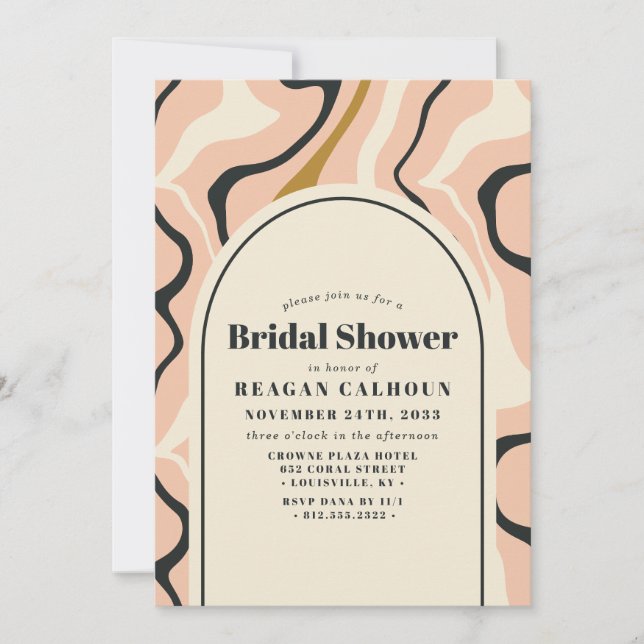 Retro Swirl Arch Pink Black Gold Bridal Shower Invitation (Front)