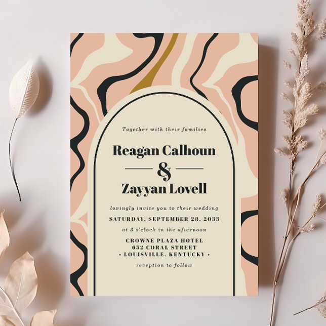 Retro Swirl Arch Pink Black Gold Cream Wedding Invitation (Creator Uploaded)