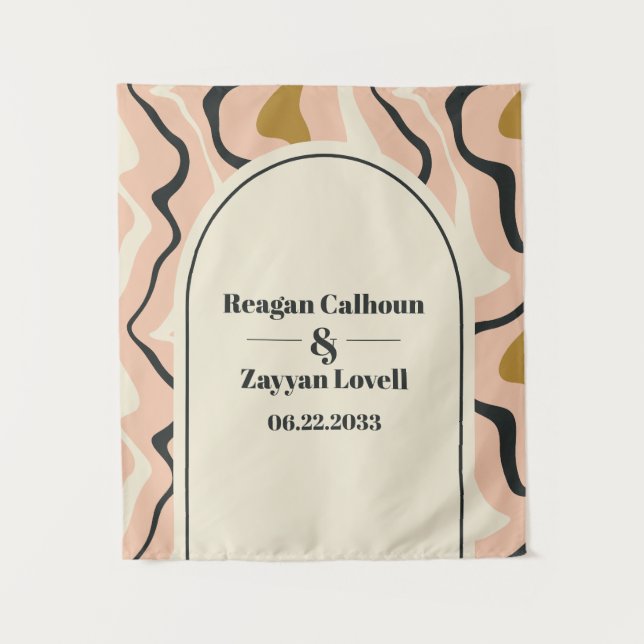 Retro Swirl Arch Pink Black Gold Wedding Backdrop (Front)