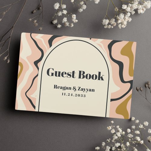 Retro Swirl Arch Pink Black Gold Wedding Guest Book