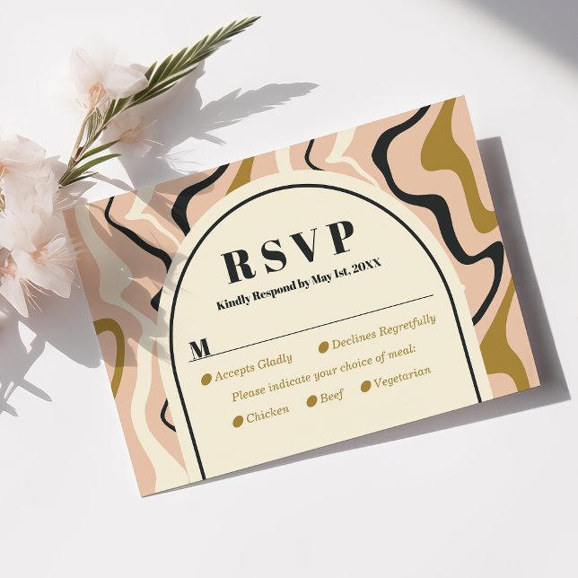 Retro Swirl Arch Pink Black Gold Wedding RSVP Card (Creator Uploaded)