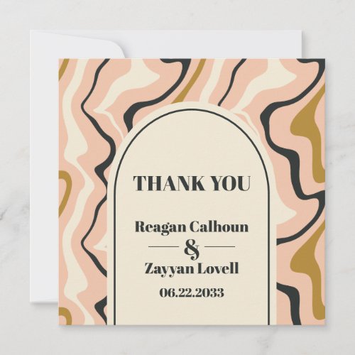 Retro Swirl Arch Pink Black Gold Wedding Thank You Card