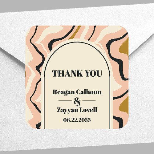 Retro Swirl Arch Pink Black Gold Wedding Thank You Square Sticker