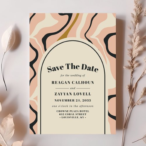 Retro Swirl Arch Pink Black Save The Date Card