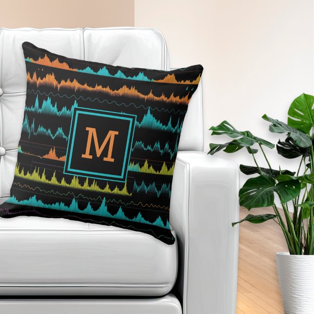 Retro Synthwave Abstract Sound Wave Pattern Throw Pillow (A stylish monogrammed throw pillow with pattern in the style of audio sound waves)
