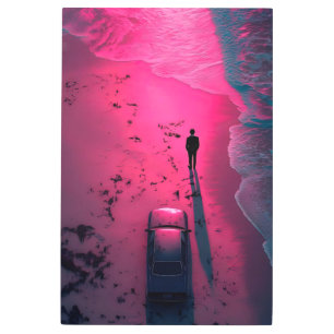 Retro Synthwave Beach Noir Man in Suit and Car Pos Metal Print