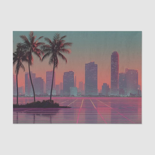 Retro Synthwave Cityscape Sunset Tissue Paper (Front)