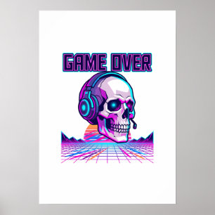 Retro Synthwave Gamer Skull Game Over Graphic Hood Poster