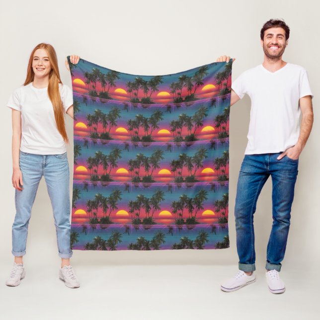 Retro Synthwave Palm Tree Sunset Pattern Fleece Blanket (In Situ)