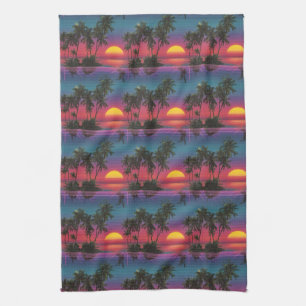 Retro Synthwave Palm Tree Sunset Pattern Kitchen Towel