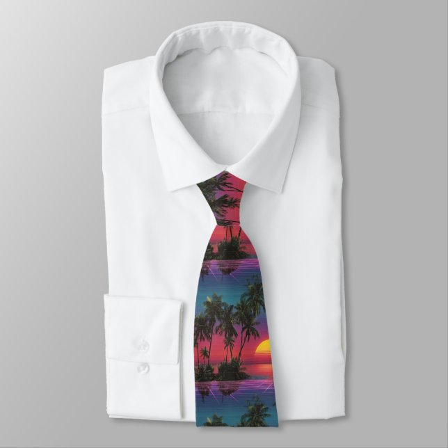 Retro Synthwave Palm Tree Sunset Pattern Neck Tie (Tied)