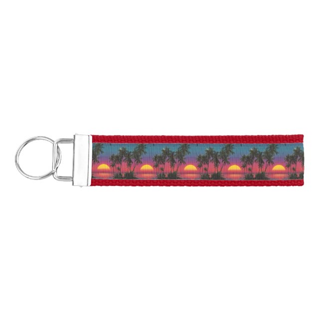 Retro Synthwave Palm Tree Sunset Pattern Wrist Keychain (Keys on Left)