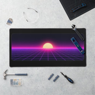 Retro Synthwave Sunset Grid Desk Mat