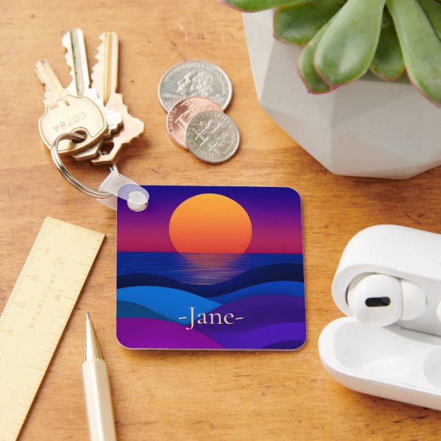 Retro Synthwave Sunset Waves Custom Keychain (Desk)