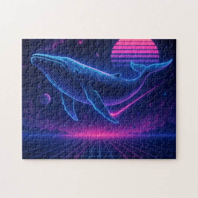 Retro Synthwave Whale – Neon Space Art Puzzle (Horizontal)