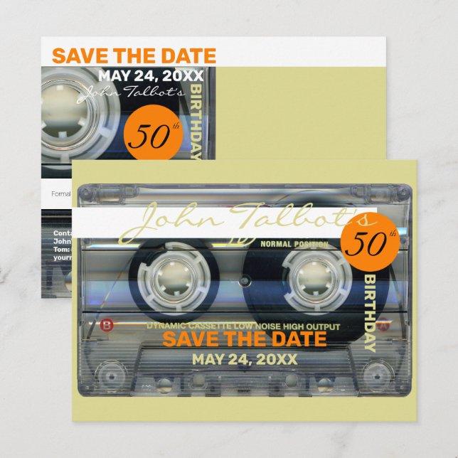 Retro T2 Audiotape 50th birthday SAVE THE DATE PoC Invitation Postcard (Front/Back)