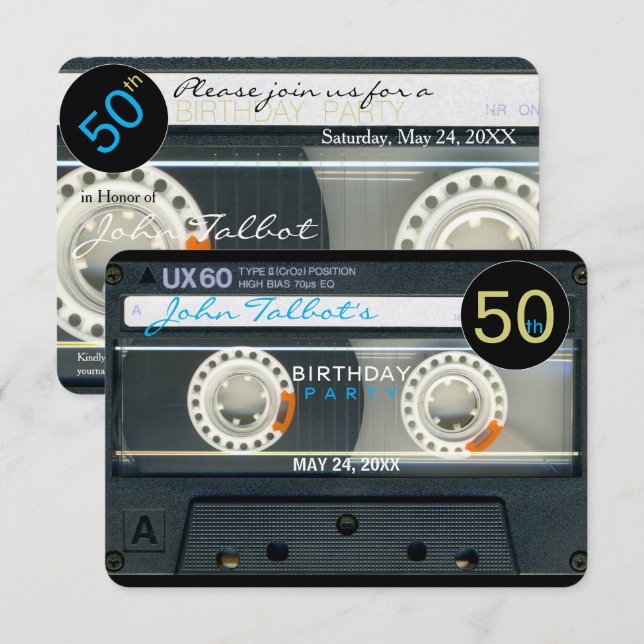 Retro T6 Cassette Tape 50th birthday Party Inv Invitation (Front/Back)