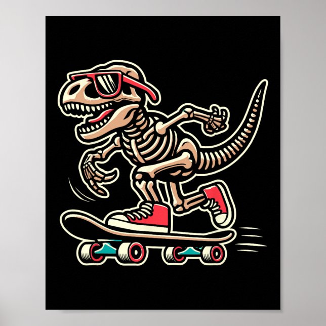Retro T-rex Skeleton Dinosaur Skateboarding Boys  Poster (Front)