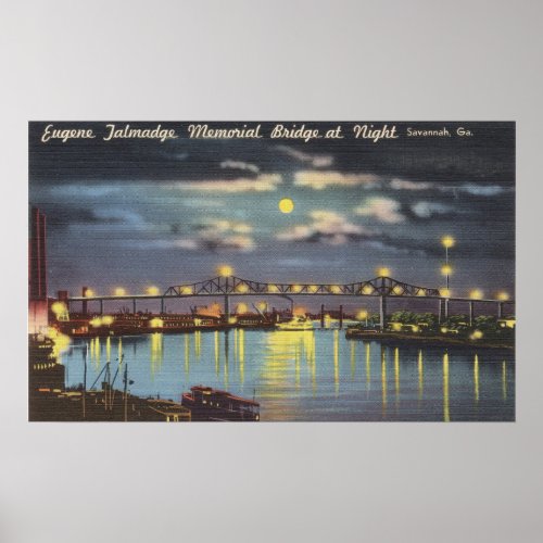 Retro Talmadge Bridge Night Savannah GA Poster