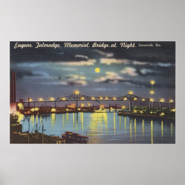 Retro Talmadge Bridge Night Savannah GA Poster (Front)