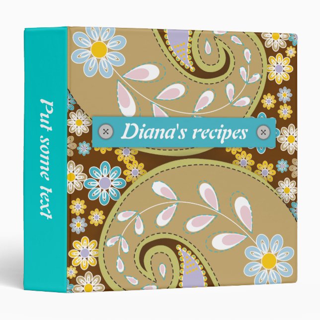 Retro tan, brown paisley colorful floral recipe binder (Front/Spine)