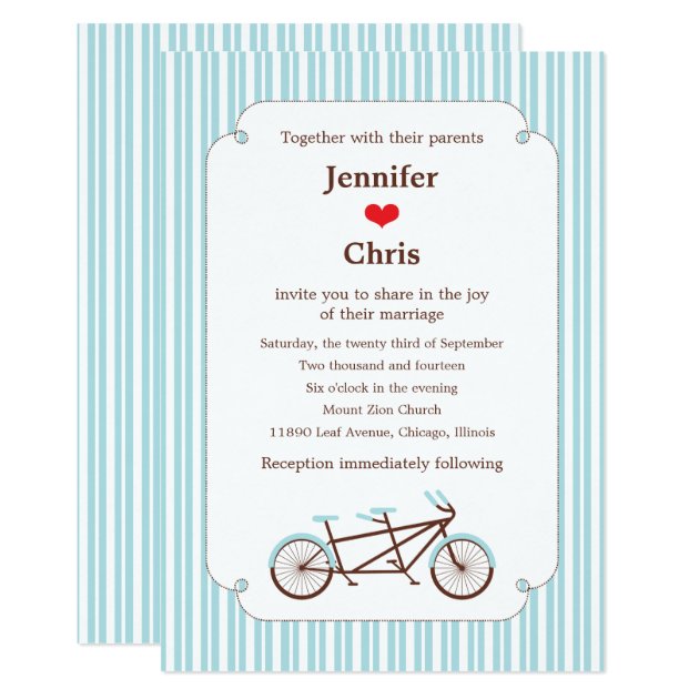 Retro Tandem Bicycle Blue & White Striped Wedding Invitation