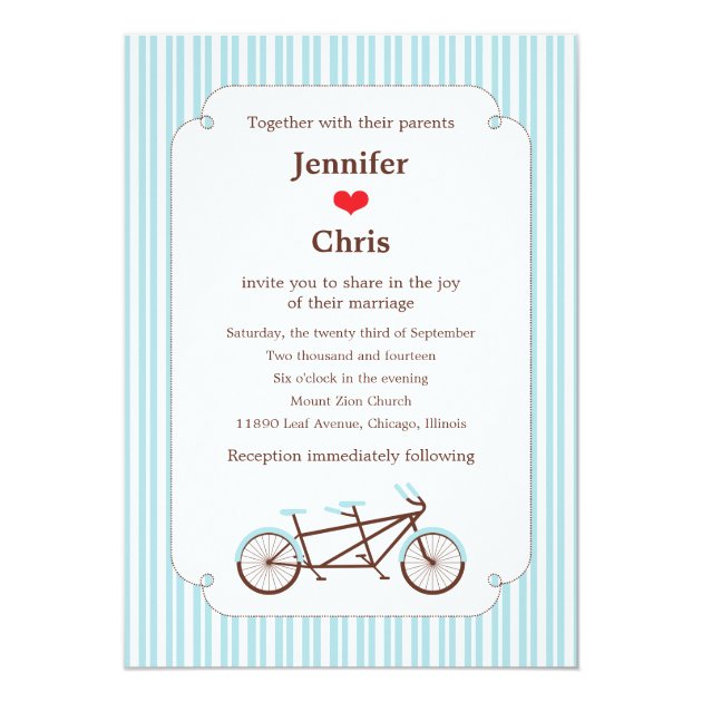 Retro Tandem Bicycle Blue & White Striped Wedding Invitation