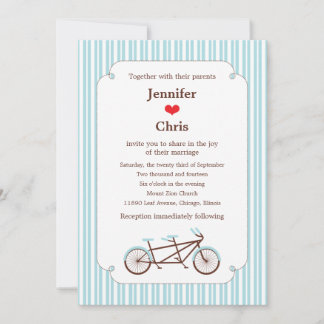 Retro Tandem Bicycle Blue & White Striped Wedding Invitation