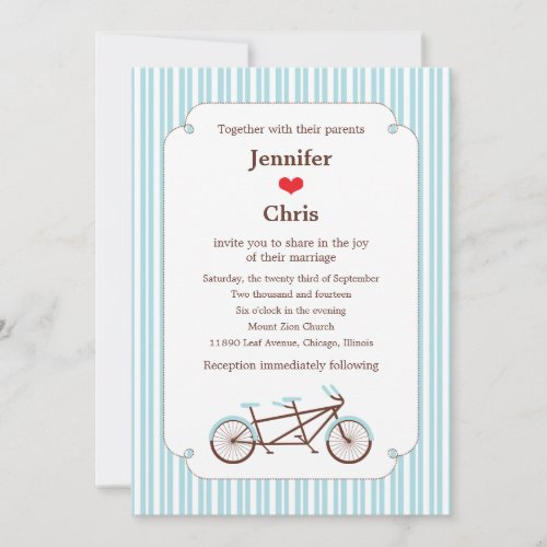 Retro Tandem Bicycle Blue  White Striped Wedding Invitation