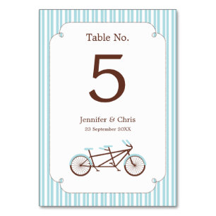 Retro Tandem Bicycle Blue & White Striped Wedding Table Number