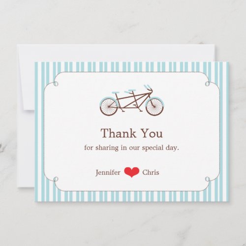 Retro Tandem Bicycle Blue  White Striped Wedding Thank You Card