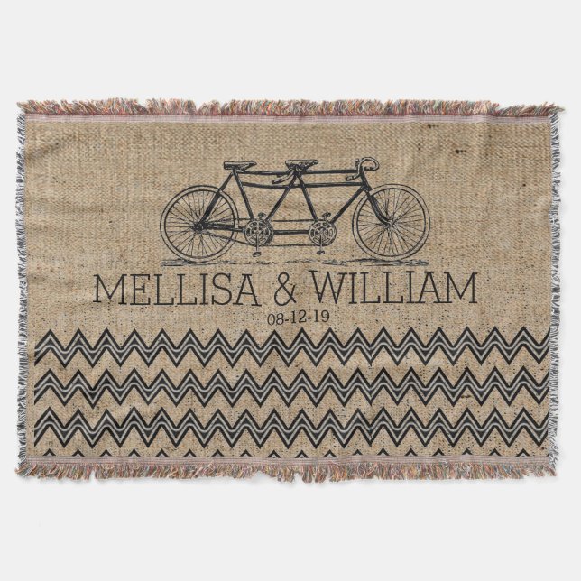 Retro Tandem Bicycle Chevron Burlap Wedding Gift Throw Blanket (Front)