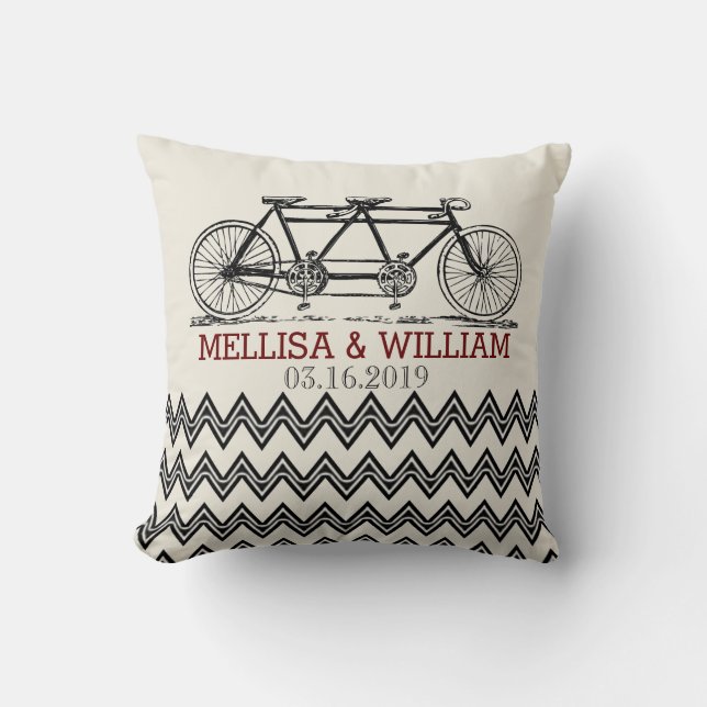 Retro Tandem Bicycle Zigzag Chevron Wedding Gift Throw Pillow (Front)