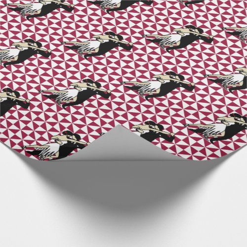 Retro Tango Dancers Burgundy and White Geometric Wrapping Paper