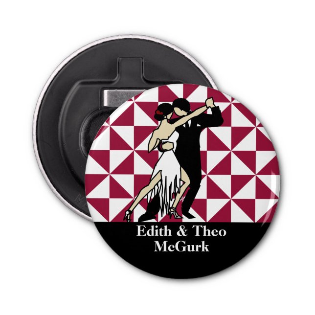 Retro Tango Dancers on Maroon Geometric Bottle Opener (Front)