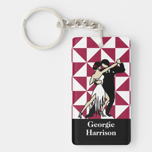 Retro Tango Dancers on Maroon Geometric Keychain (Front)