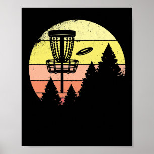 Retro target basket flying disc golf sunset trees poster