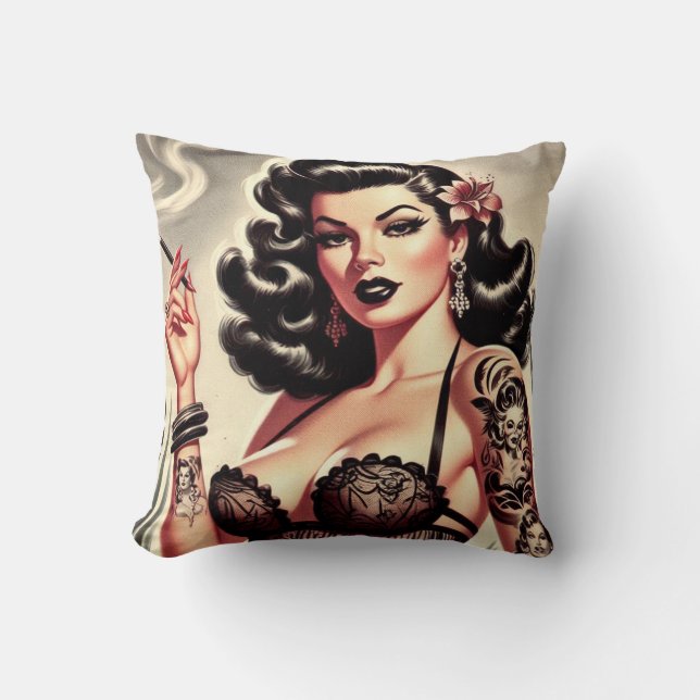 Retro Tatto Goth Girl Throw Pillow (Front)
