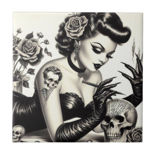 Retro Tattoed Goth Pin-up Ceramic Tile