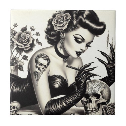 Retro Tattoed Goth Pin_up Ceramic Tile